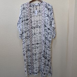 NWT Sonoma White & Navy Blue Batik Print Long Open-Front Duster Kimono